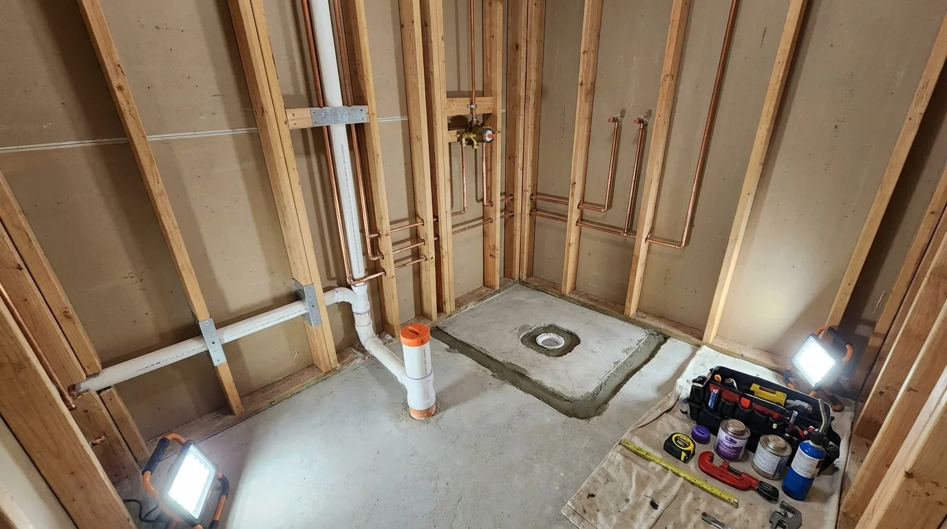Bathroom rough-in plumbing during remodel by Johns Plumbing LLC in Ramseur