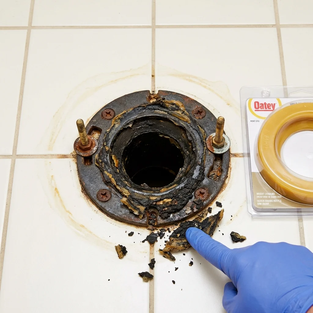 Failed wax ring showing water seepage at the base of a toilet in a Ramseur, NC home